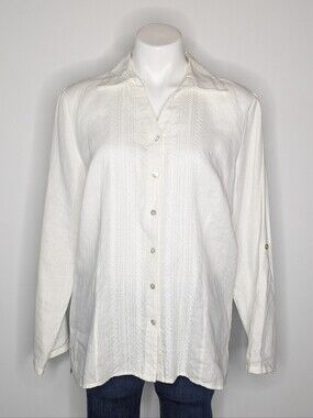 Ecologie White Embroidered Long Sleeve Button Up Linen Top L
